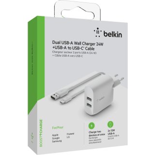 Belkin Dual USB-A Ladeger&auml;t incl. USB-C Kabel 1m, 24W, wei&szlig;