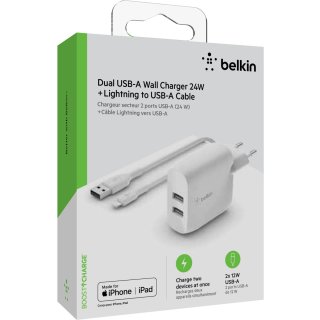 Belkin Dual USB-A Ladeger&auml;t incl. Lightning Kabel 1m 24W wei&szlig;