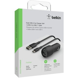 Belkin Dual USB-A Kfz-Ladeger&auml;t incl. USB-C Kabel 1m 24W black